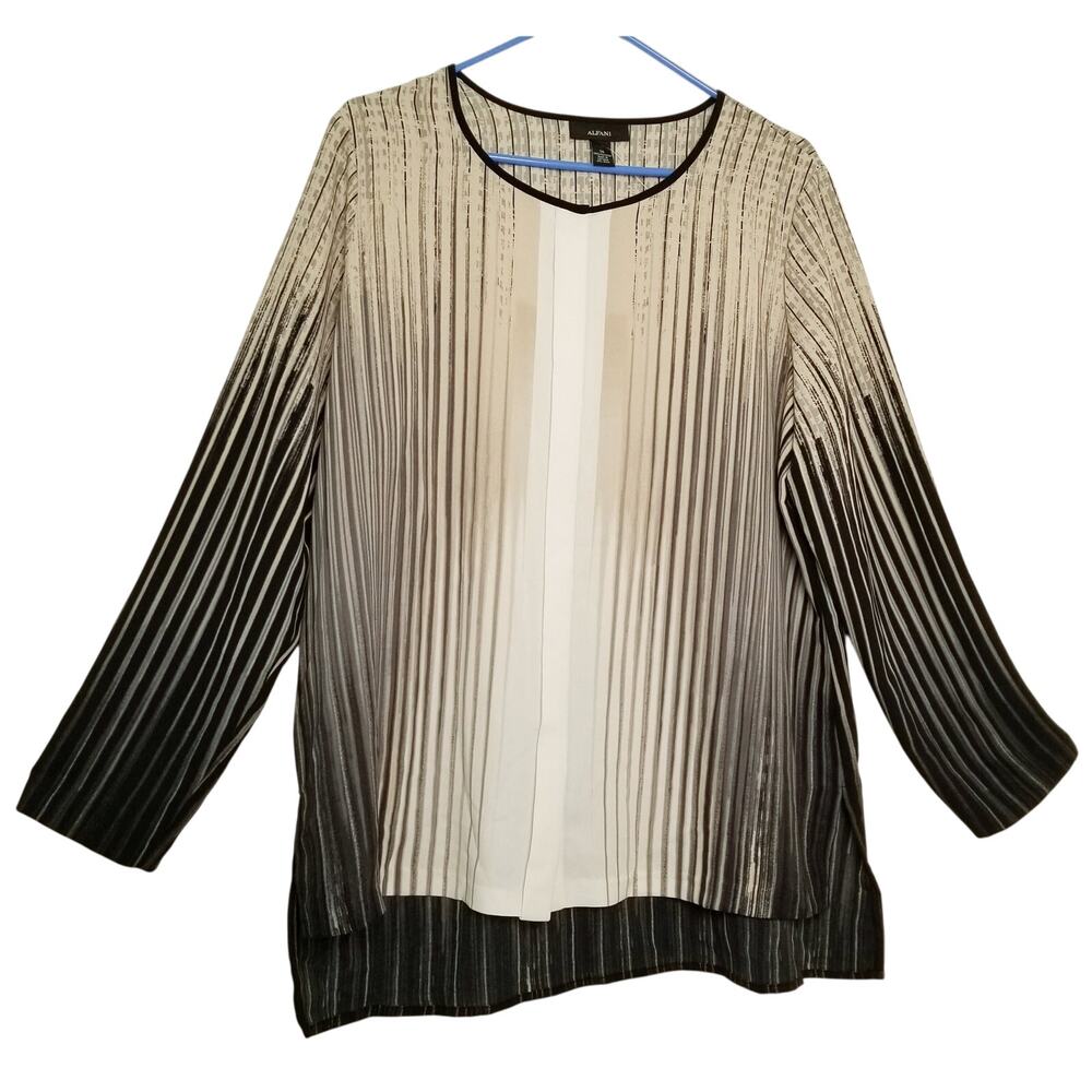 Alfani Women's Polyester LS Button Up Beige Black Striped Blouse Shirt Size 14